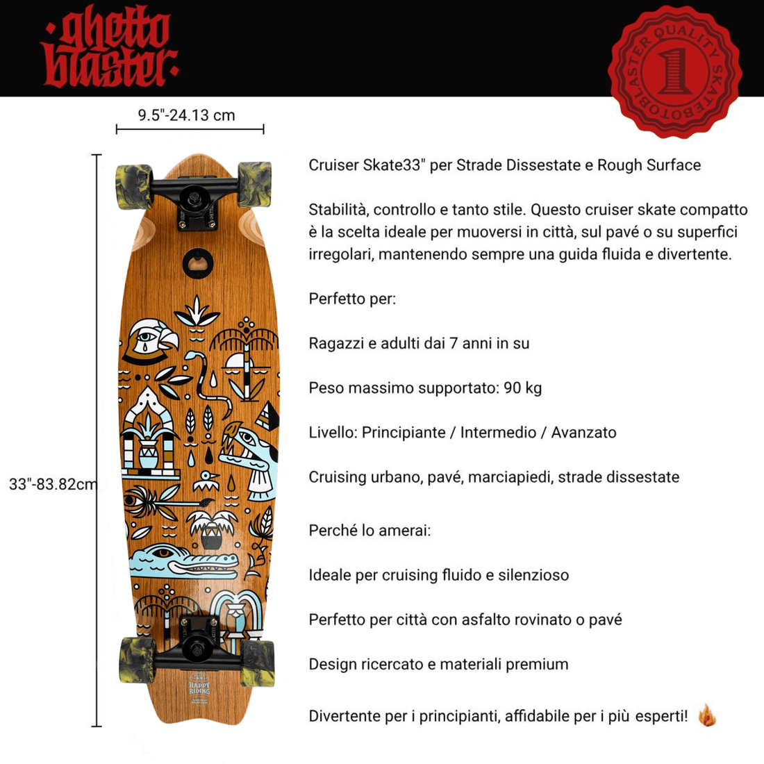 Skateboard Cruiser Ghettoblaster Teak Geroglific Fidh tail 33" -9,5"