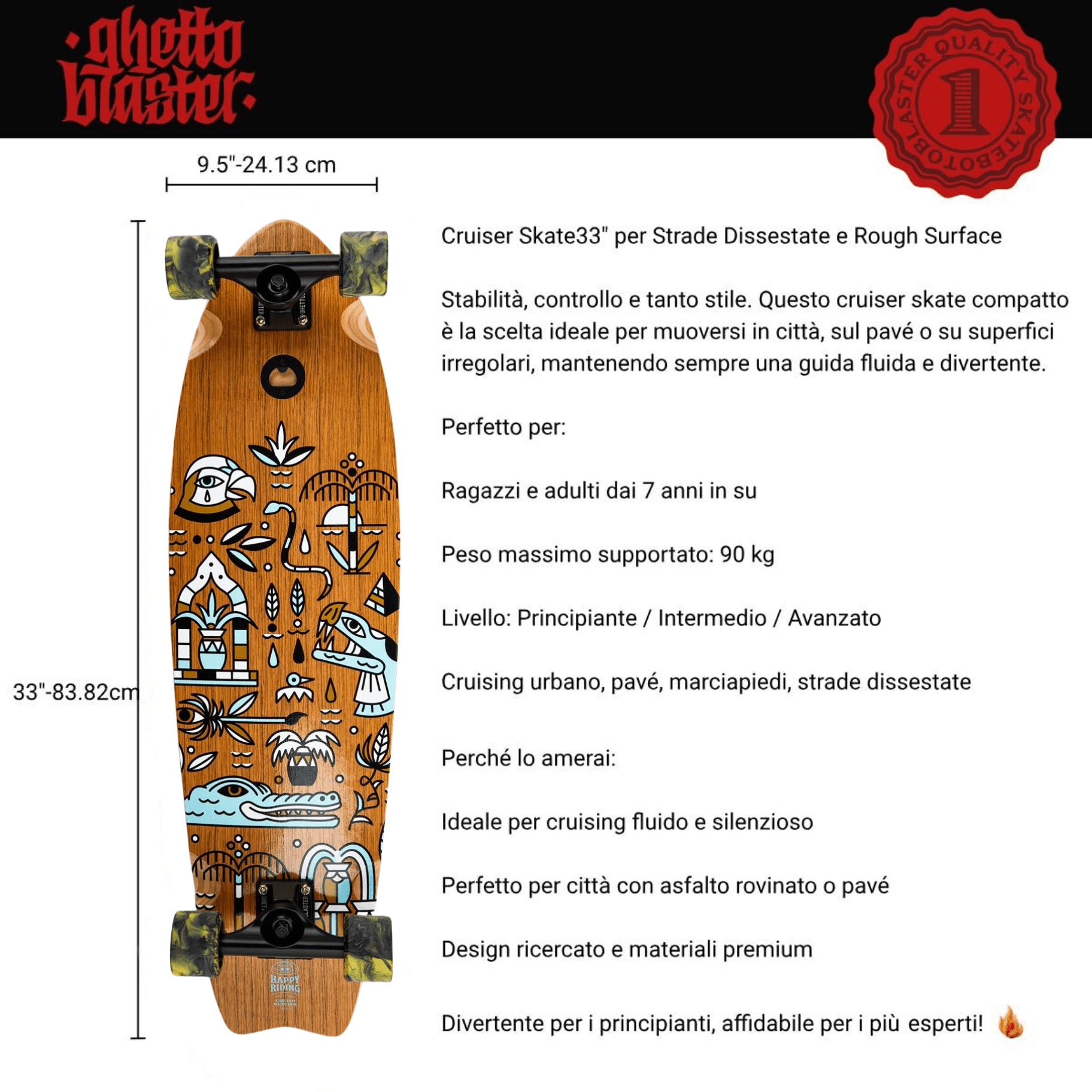 Skateboard Cruiser Ghettoblaster Teak Geroglific Fidh tail 33" -9,5"