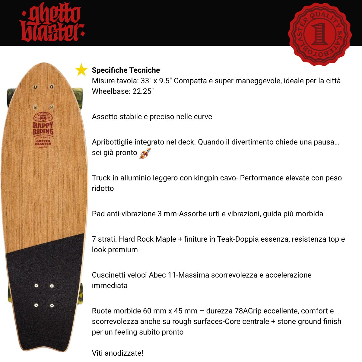 Skateboard Cruiser Ghettoblaster Teak Geroglific Fidh tail 33" -9,5"