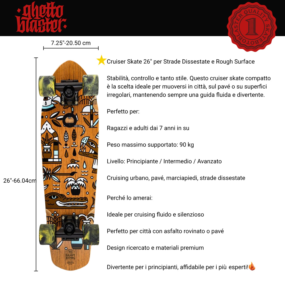 Skateboard Cruiser Ghettoblaster Teak Geroglific 26" -7,25"