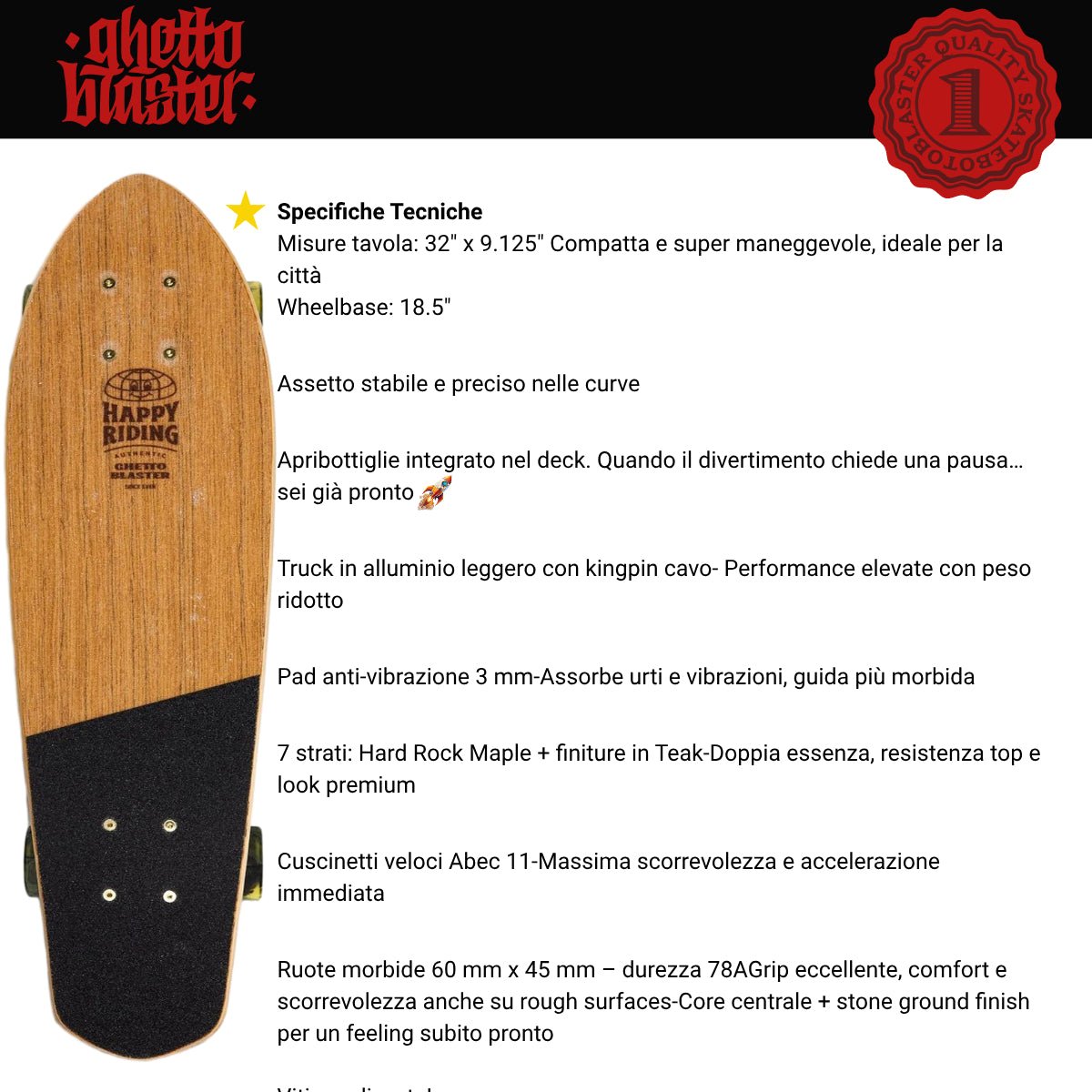 Skateboard Cruiser Ghettoblaster Teak Geroglific 32" -9,125"