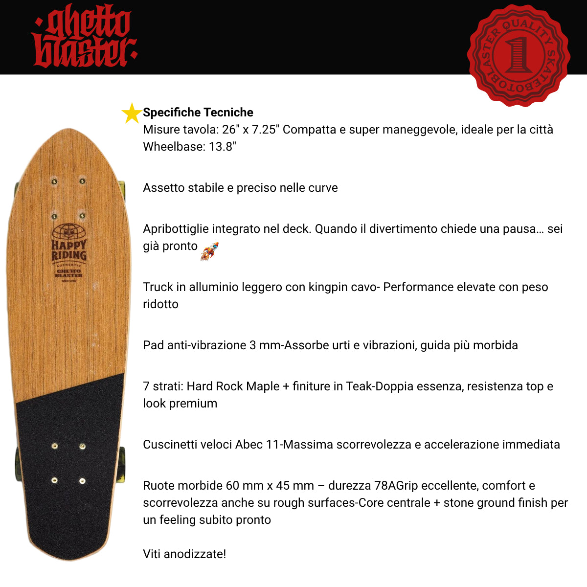 Skateboard Cruiser Ghettoblaster Teak Geroglific 26" -7,25"