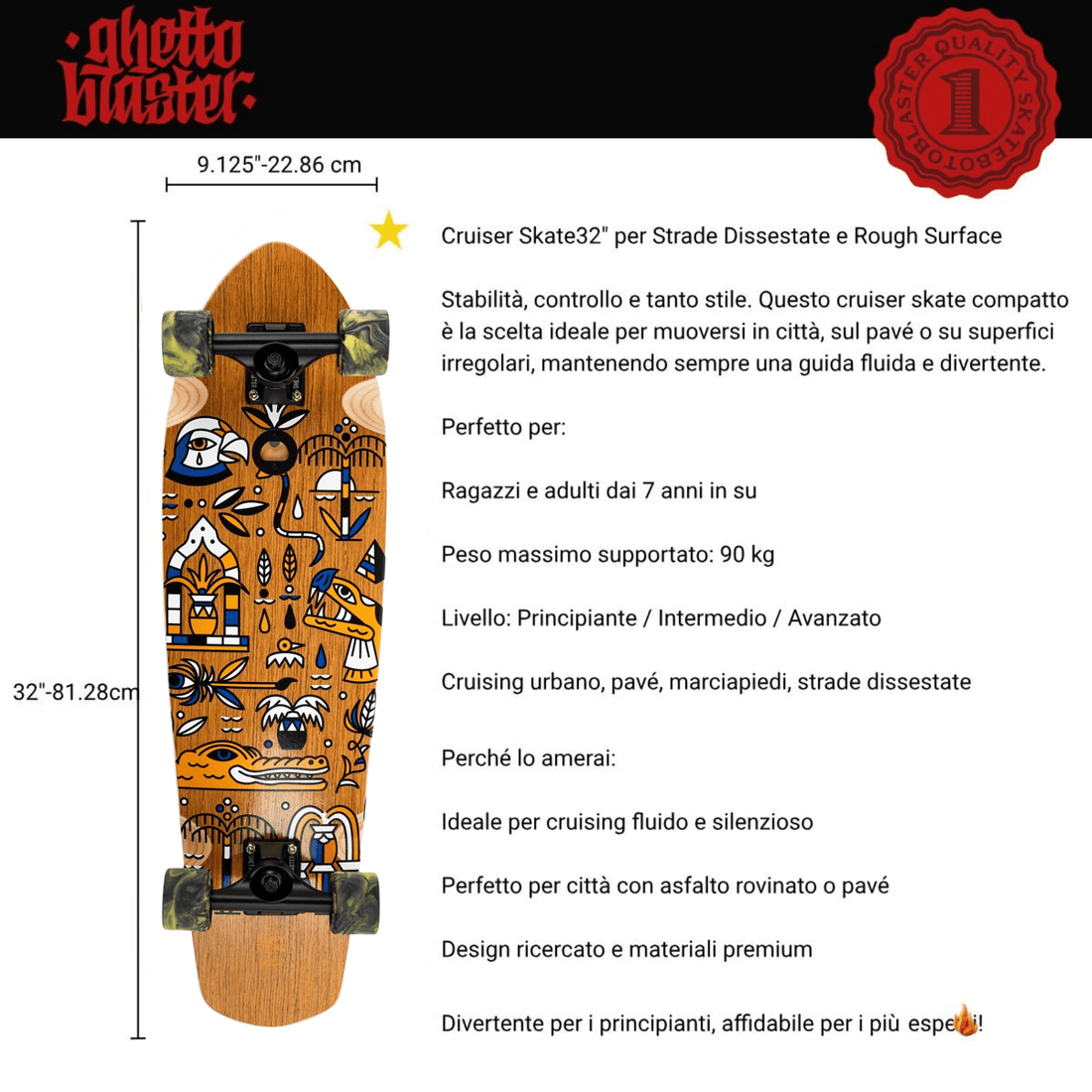 Skateboard Cruiser Ghettoblaster Teak Geroglific 32" -9,125"