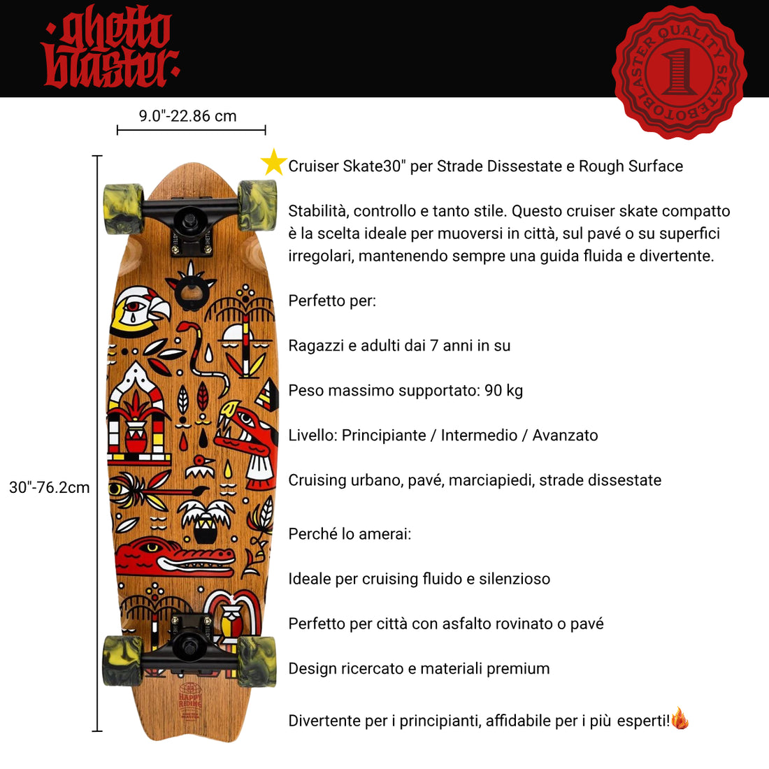 Skateboard Cruiser Ghettoblaster Teak Geroglific Fis tail 30" -9"