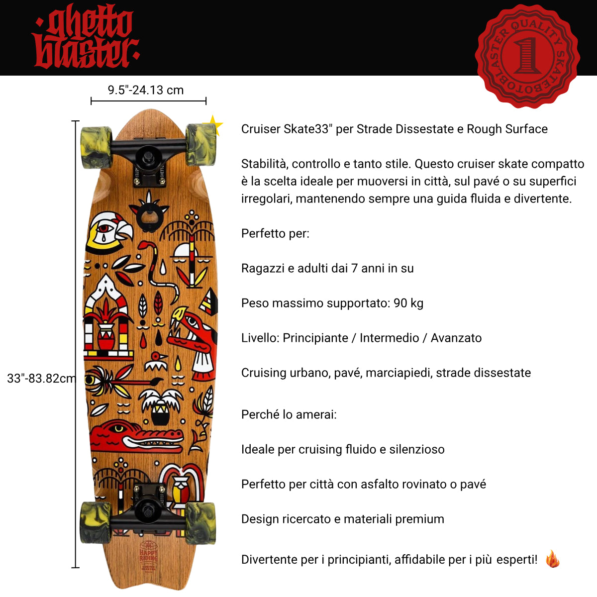 Skateboard Cruiser Ghettoblaster Teak Geroglific Fidh tail 33" -9,5"