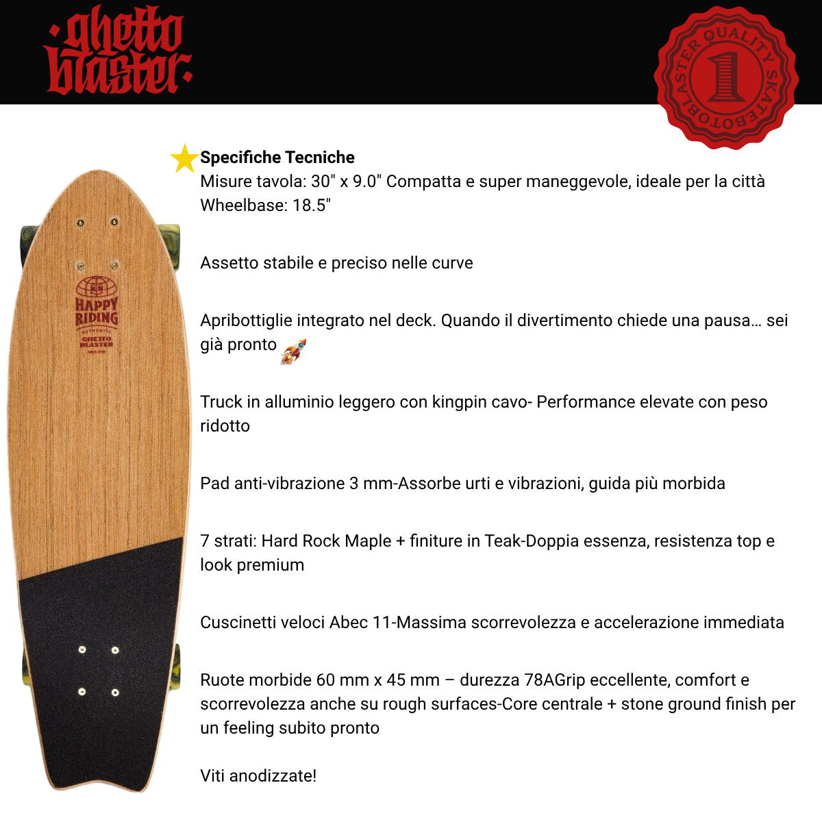 Skateboard Cruiser Ghettoblaster Teak Geroglific Fis tail 30" -9"