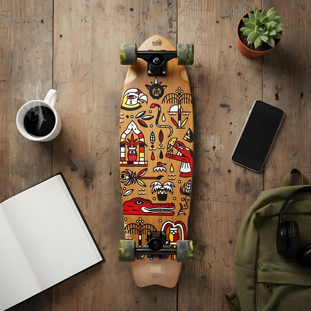 Skateboard Cruiser Ghettoblaster Teak Geroglific Fis tail 30" -9"