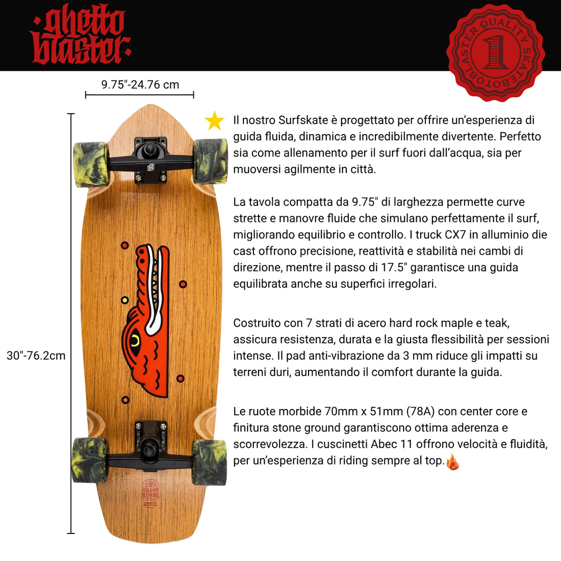 Skateboard Ghettoblaster Surfskate Teak Crocodile 30" 9.75"