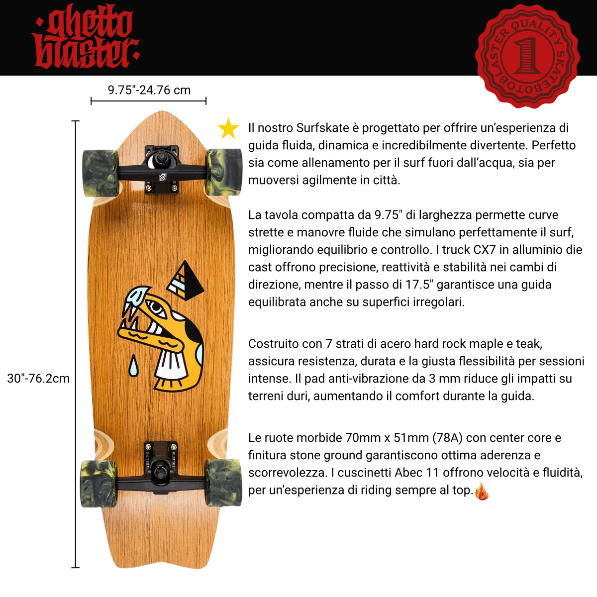 Skateboard Ghettoblaster Surfskate Teak Snake Head 30" 9.75"