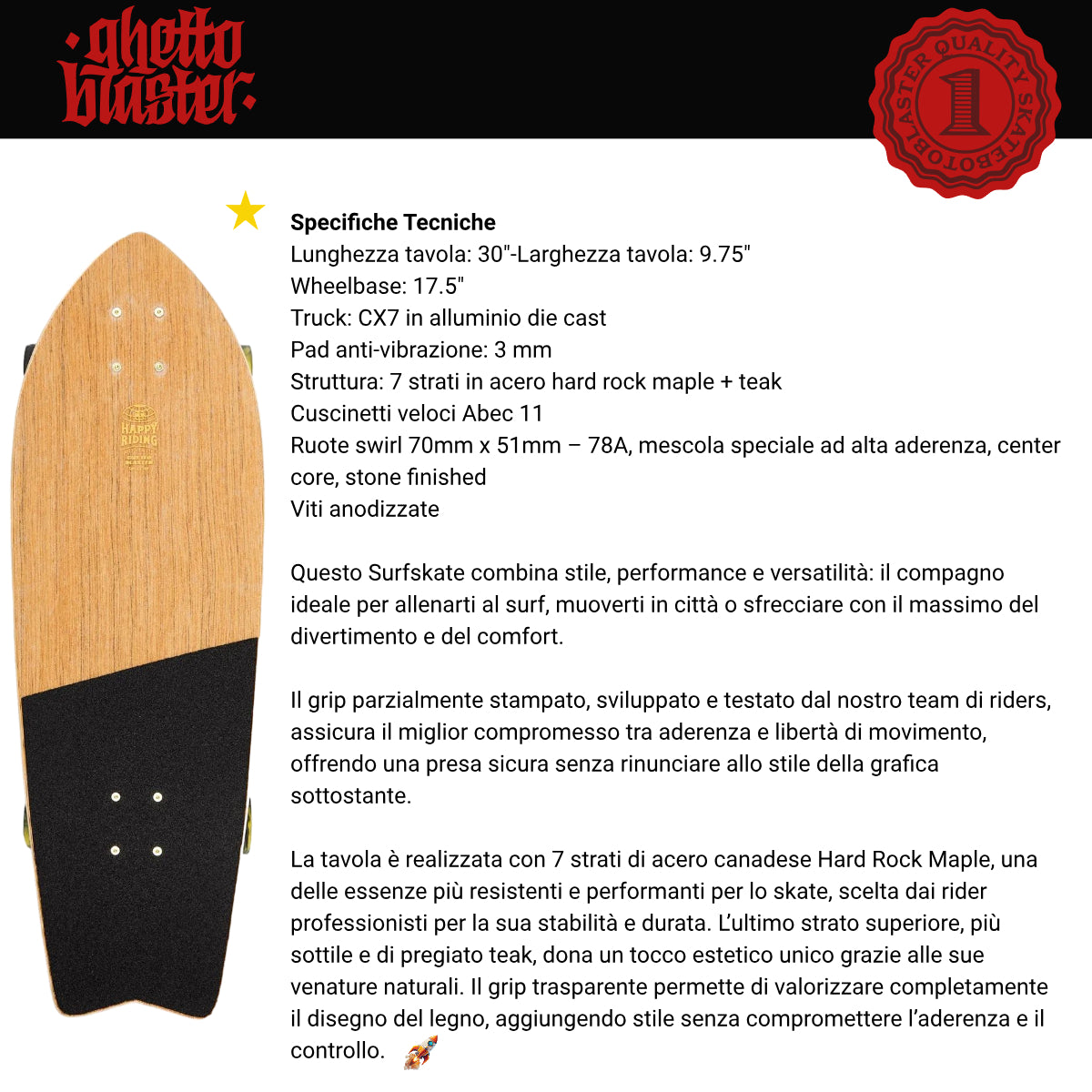 Skateboard Ghettoblaster Surfskate Teak Snake Head 30" 9.75"