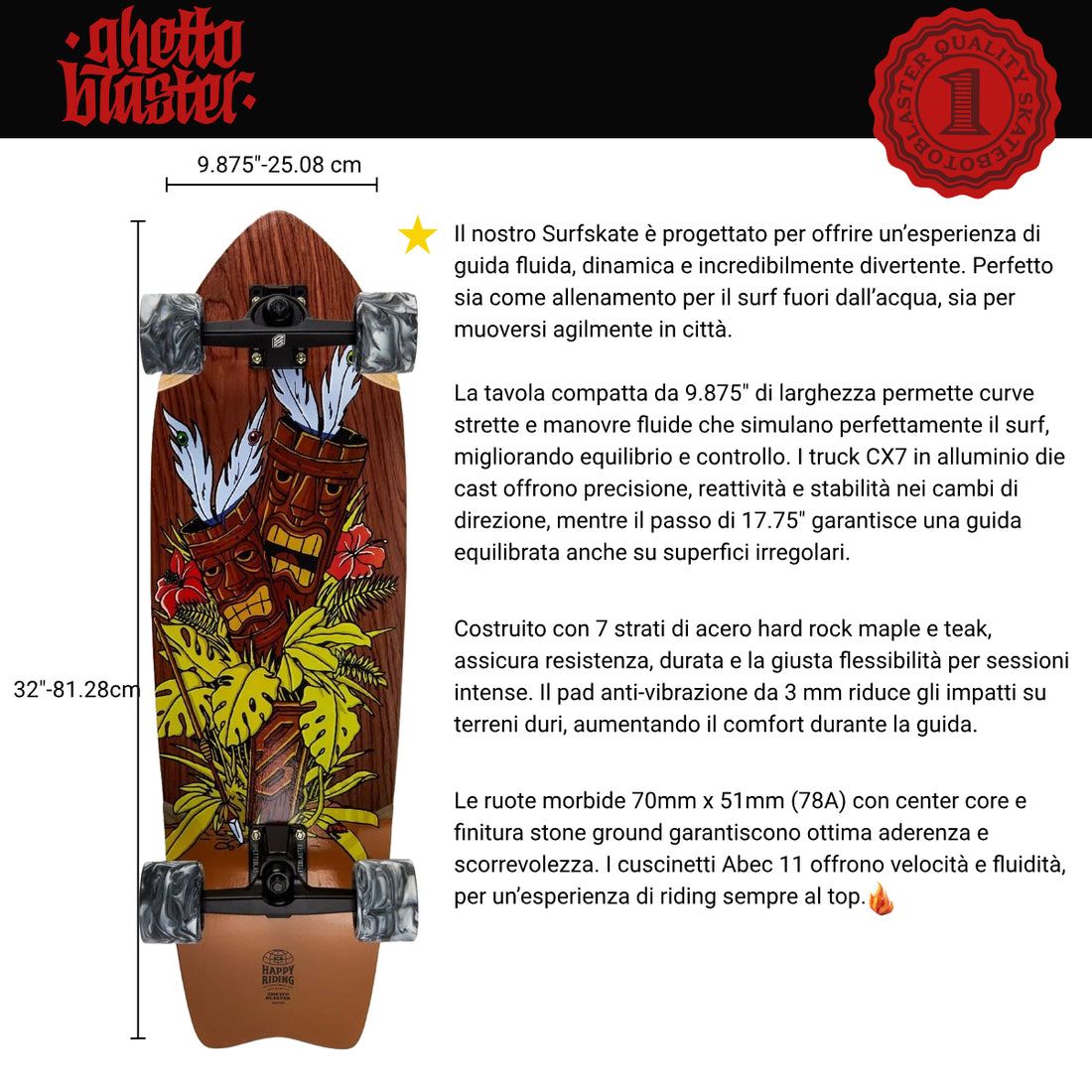 Skateboard Ghettoblaster Surfskate Tiki Token Mogano Fish tail 32" 9.875"