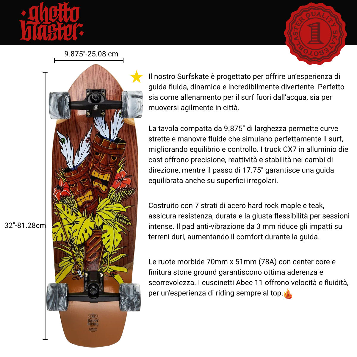 Skateboard Ghettoblaster Surfskate Tiki Token Mogano 32" 9.875"