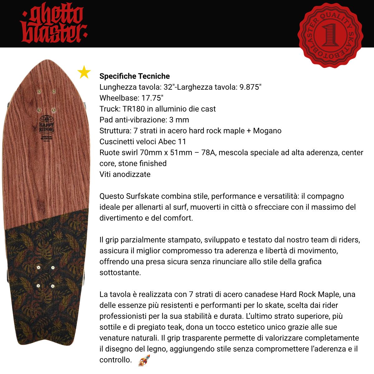 Skateboard Ghettoblaster Surfskate Tiki Token Mogano Fish tail 32" 9.875"