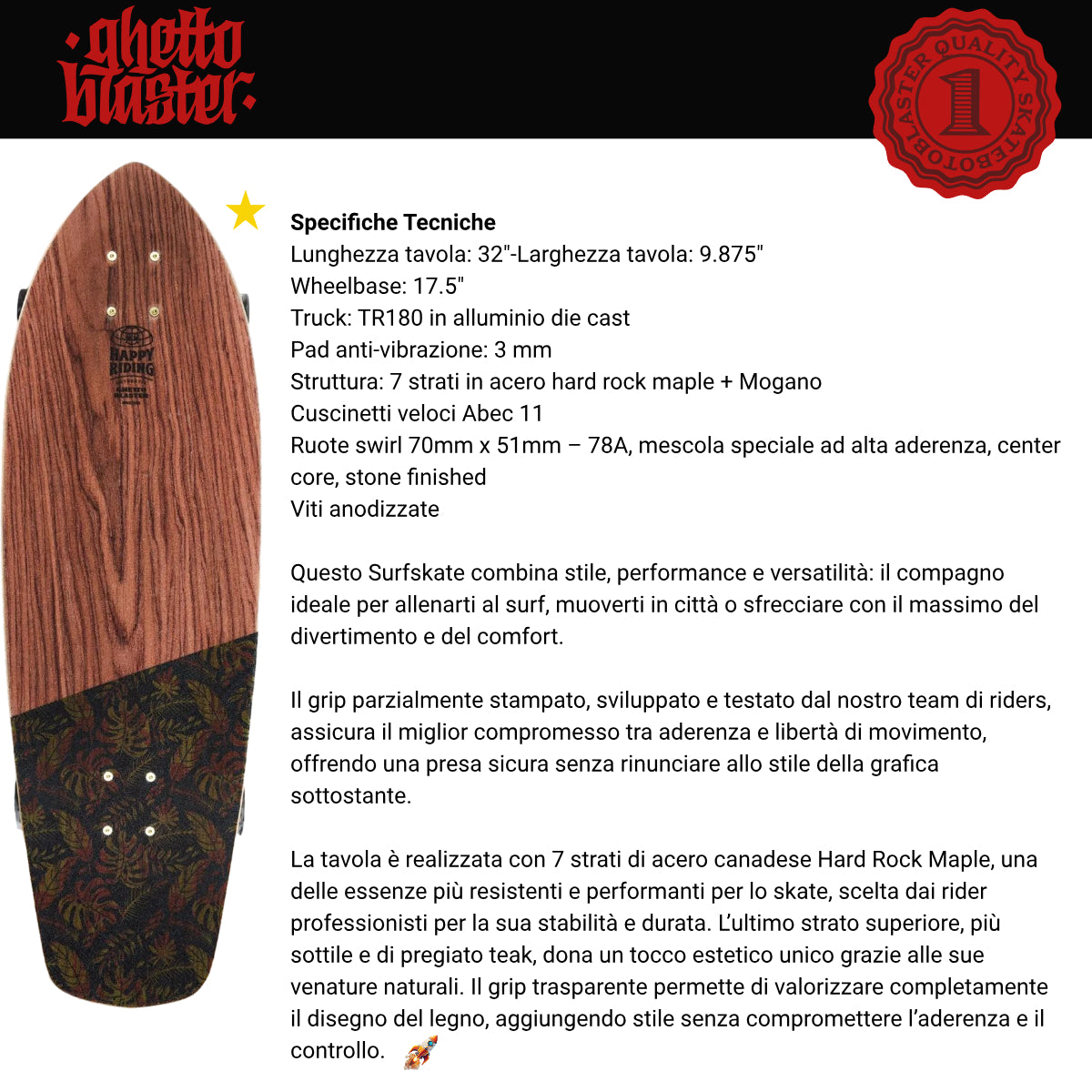 Skateboard Ghettoblaster Surfskate Tiki Token Mogano 32" 9.875"