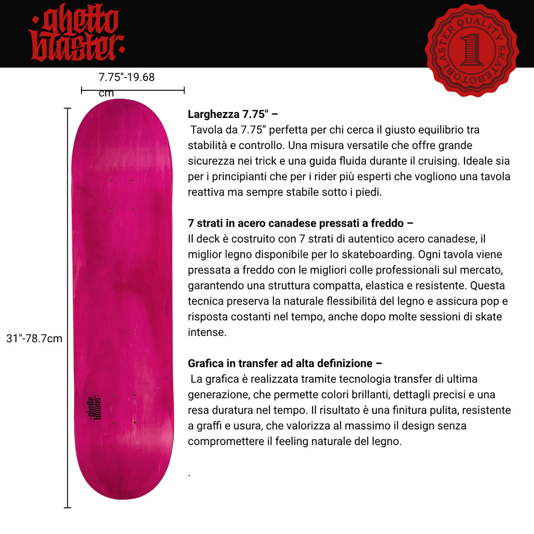 Skateboard Ghettoblaster Tavola Small Logo Fucsia 7.75""