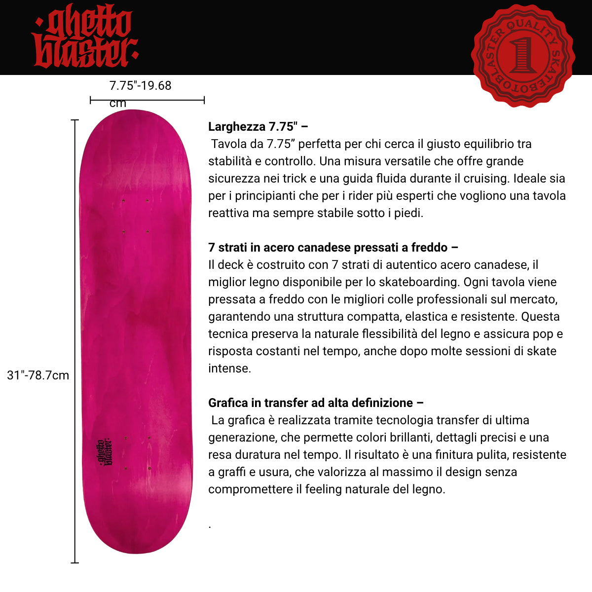 Skateboard Ghettoblaster Tavola Small Logo Fucsia 7.75""
