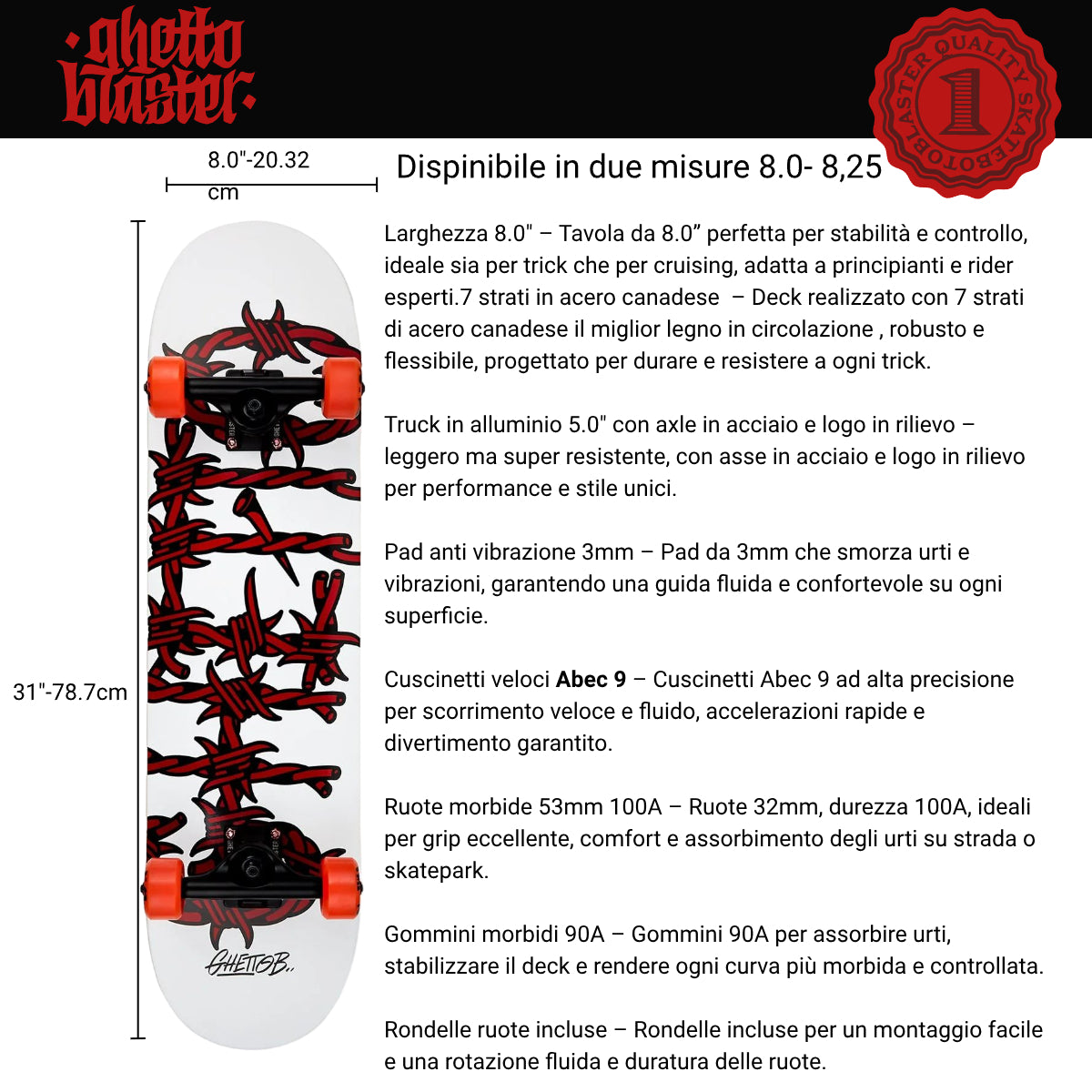 Skateboard Ghettoblaster per iniziare Barded Wire Red 8.0"