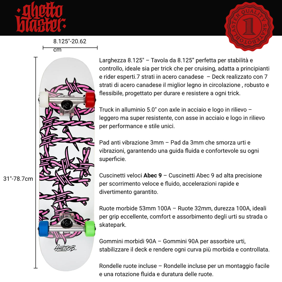 Skateboard Ghettoblaster per iniziare Barded Wire Pink 8.125"