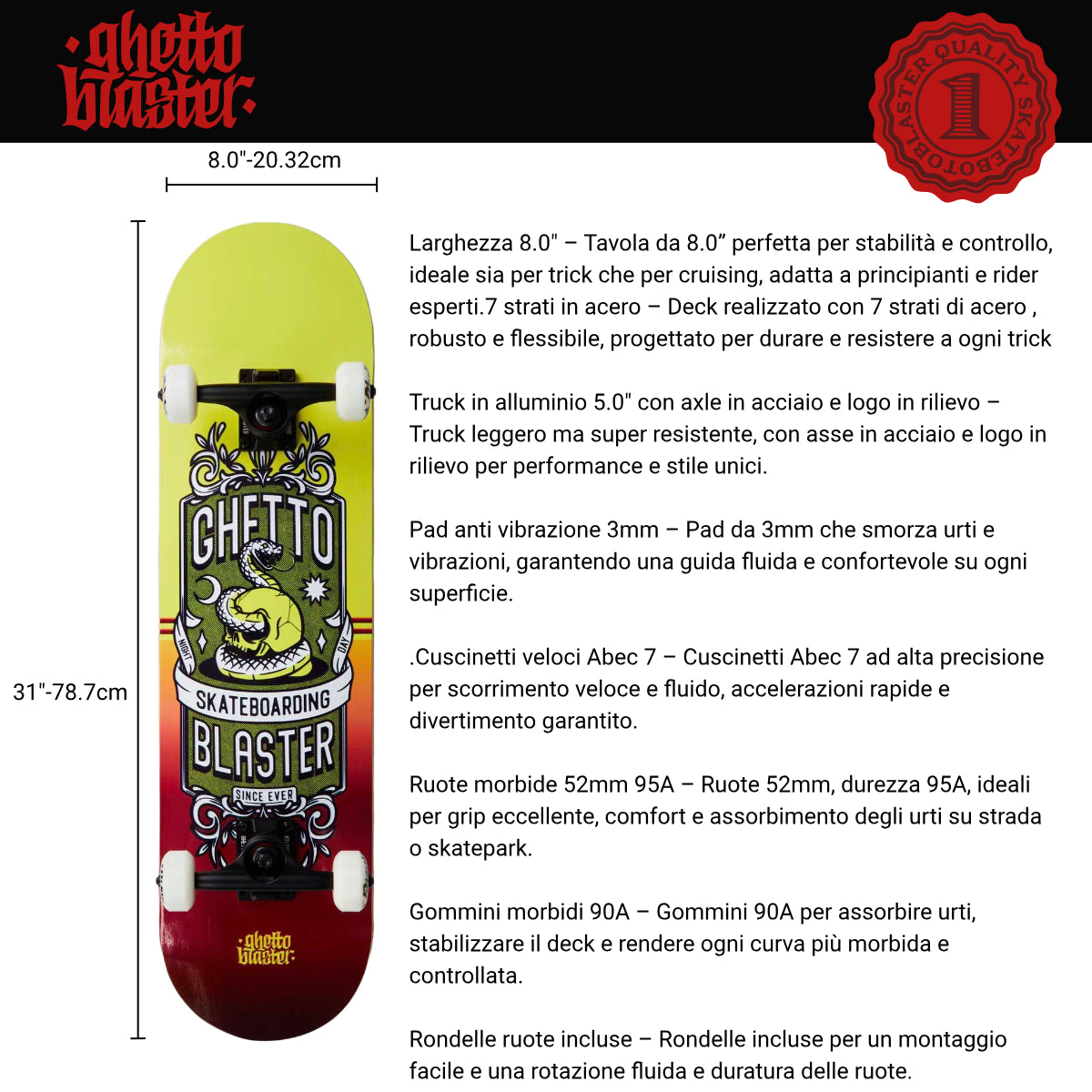 Skateboard Ghettoblaster per iniziare Skull Red Yellow 8.0"