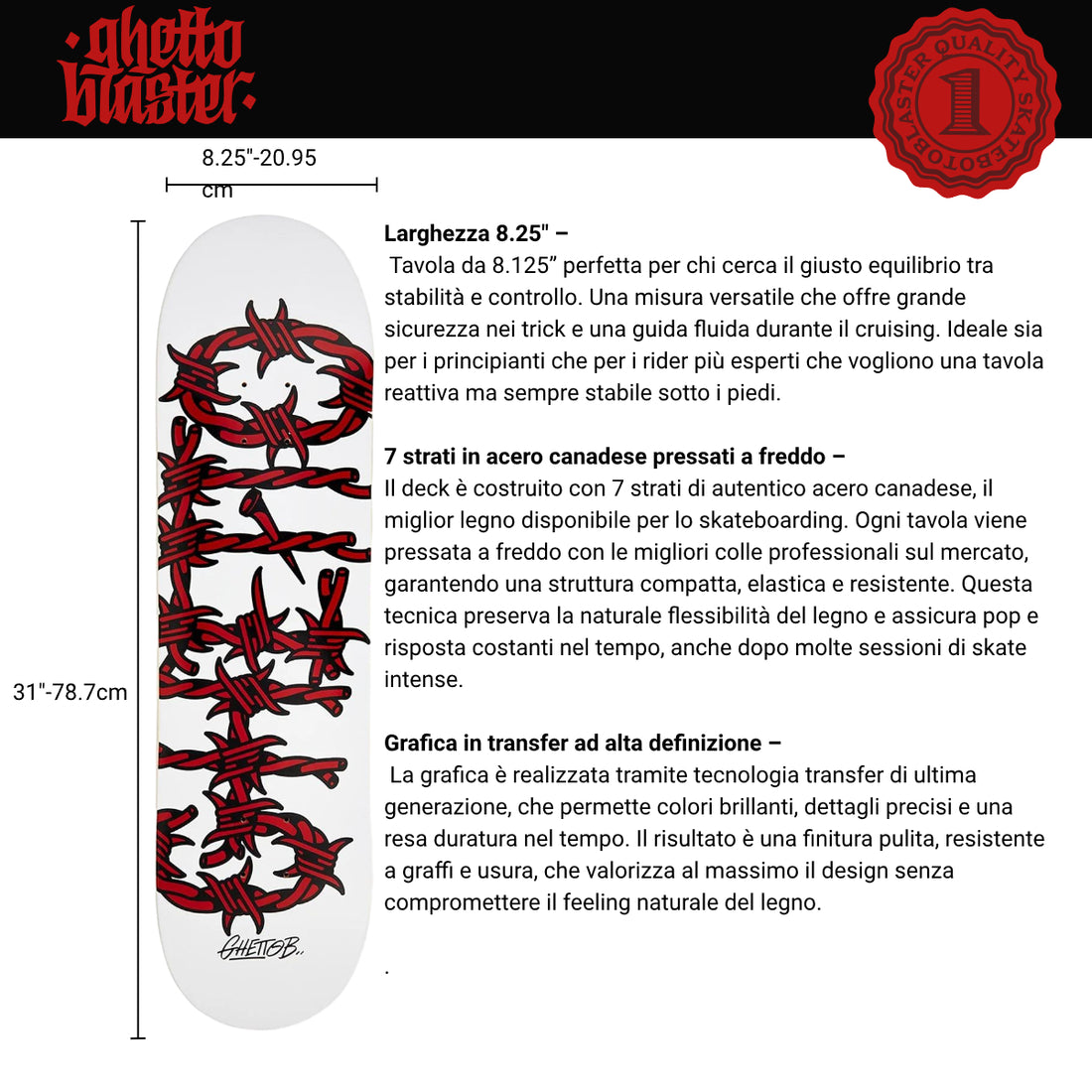 Tavola Skateboard Deck Ghettoblaster Pregripped Barded Wire Red 8.25"