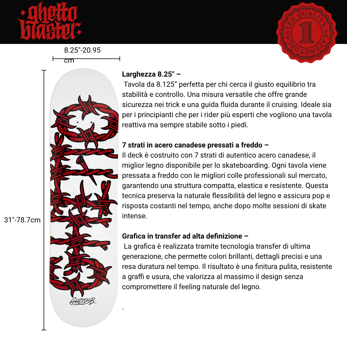 Tavola Skateboard Deck Ghettoblaster Pregripped Barded Wire Red 8.25"